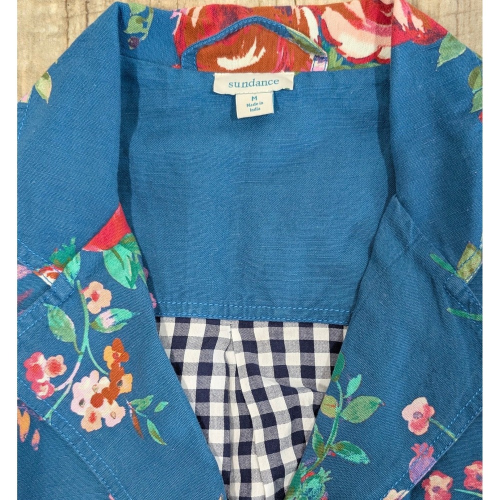 Sundance Royal Botanical Topper Coat Womens Medium Blue Floral Gingham Lining - Picture 4 of 8